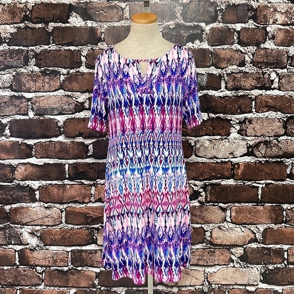 Chico's Dress Purple Pink Ikat Print Short Sleeves Stretchy Size Small 4P - Picture 1 of 12